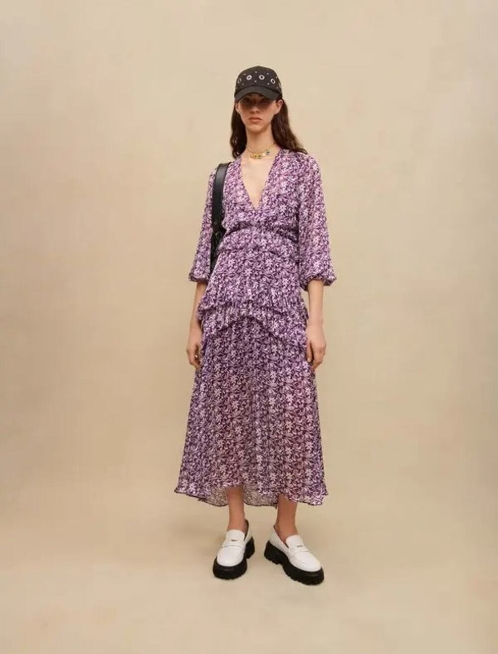 NWT Maje Ronirique Violet Long Sleeve Floral Print Maxi Dress Size 38 / 8